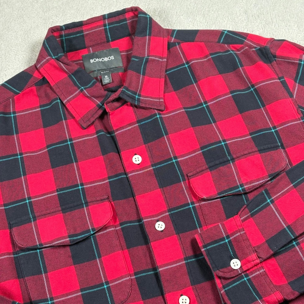 Bonobos Mens XL Long Slim Fit Flannel Shirt Red Black Plaid Cotton Button Down